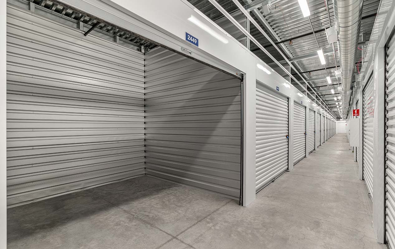 Indoor, clean, bright, and secure storage units.