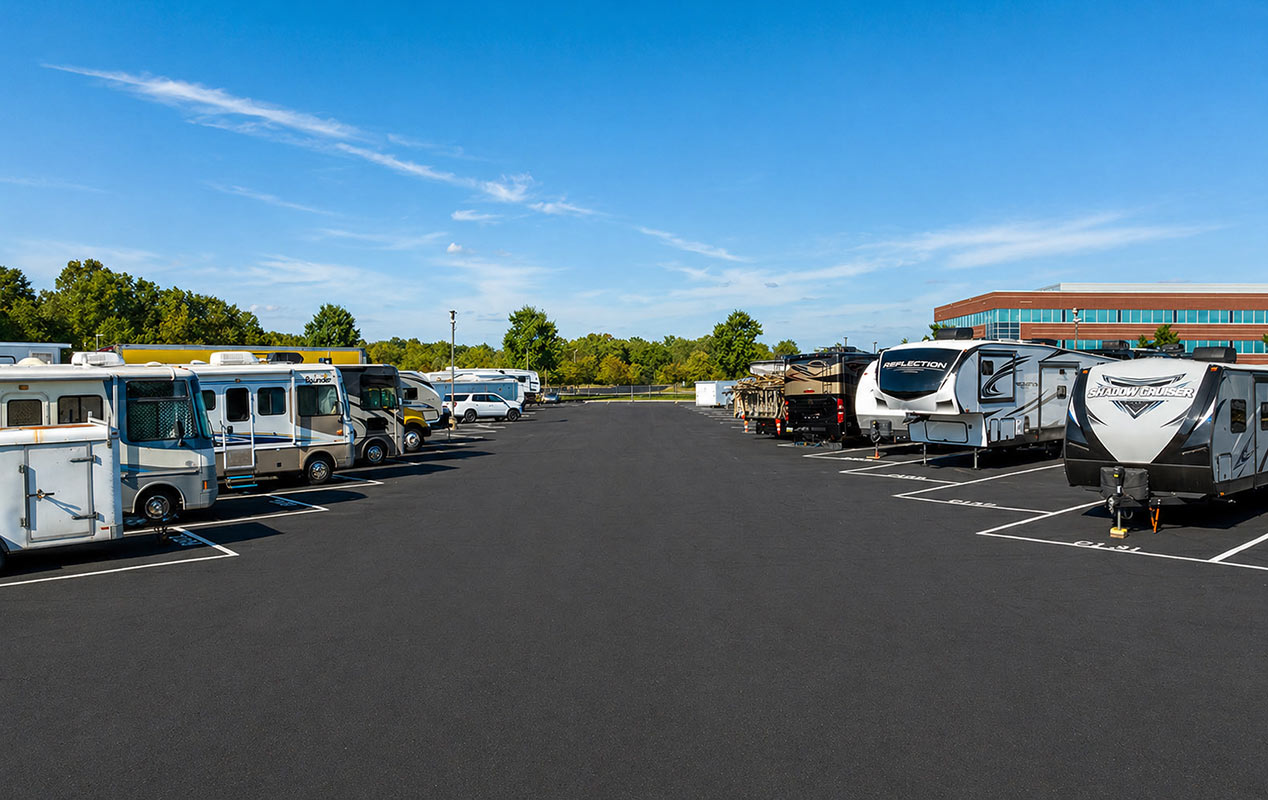 Outdoor parking for vehicles including RVs, boats, and cars.