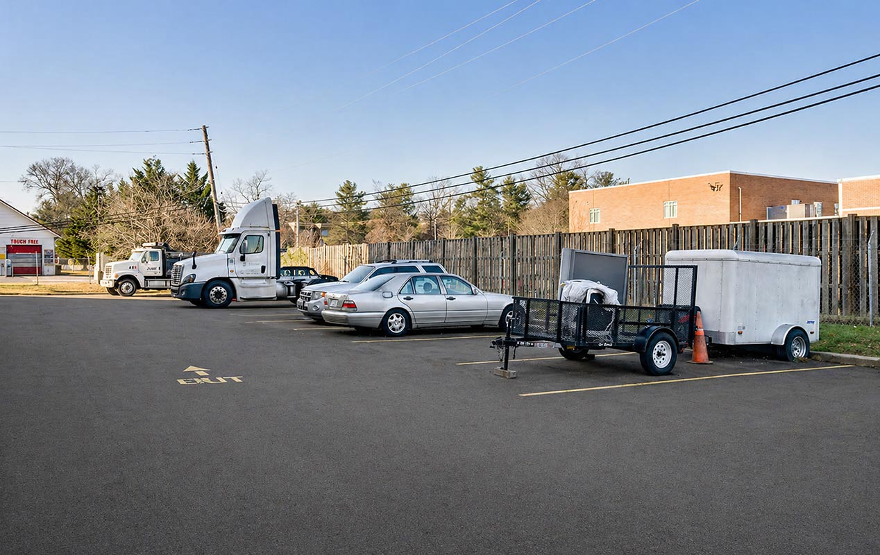 Outdoor parking for vehicles including RVs, boats, and cars.