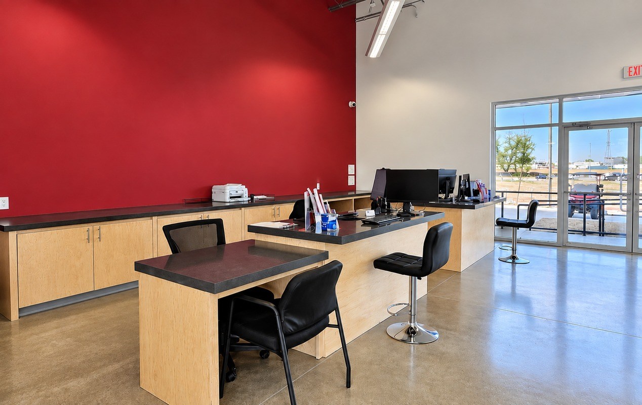 Self storage office, rent storage units and shop for supplies.